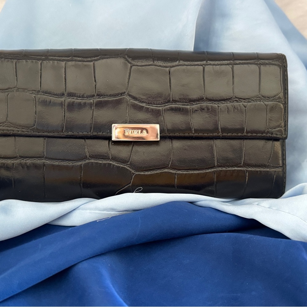 Furla black croc embossed snap wallet